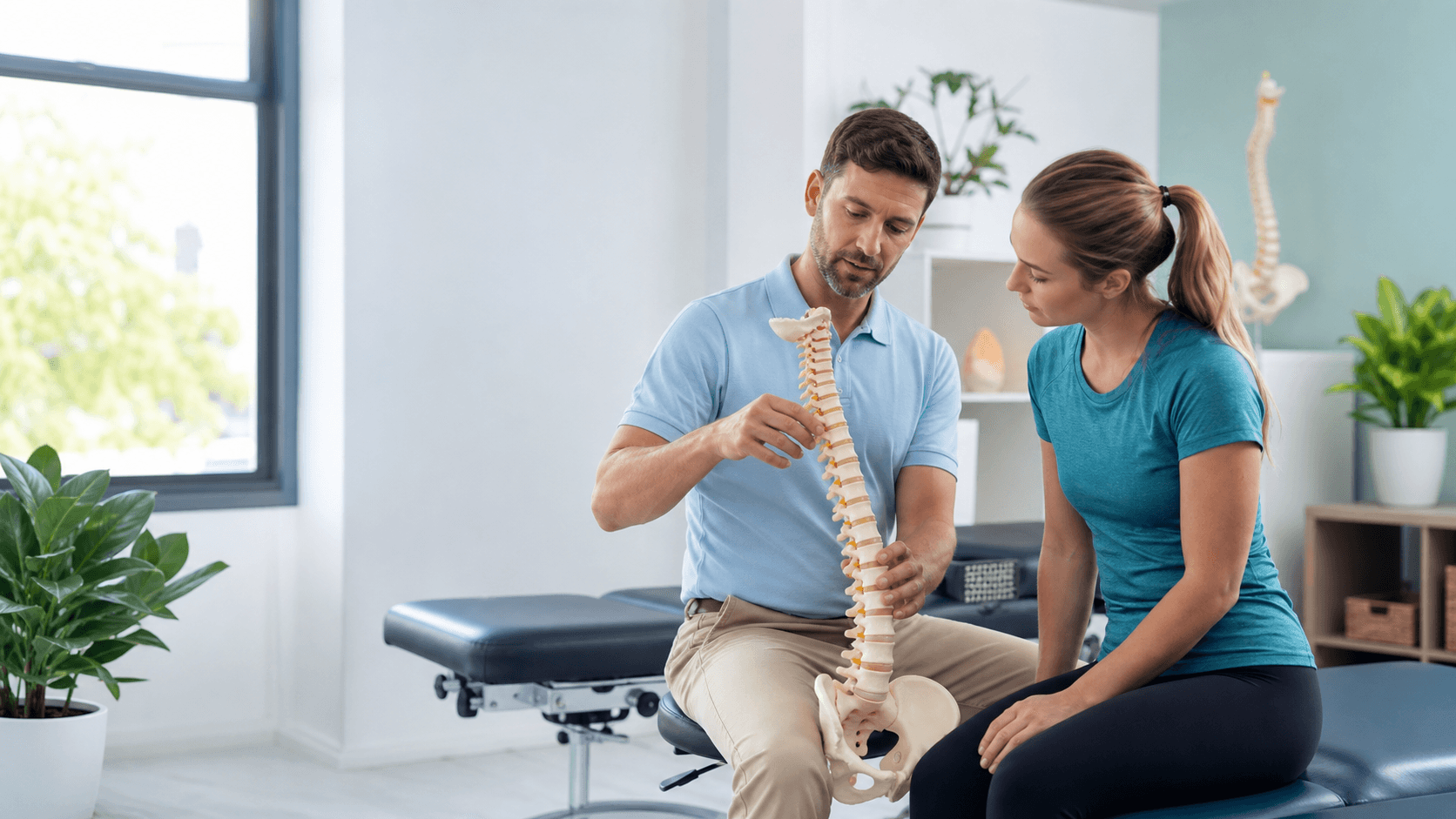 Chiropractor explaining spinal alignment to a patient in a bright treatment room